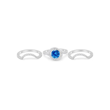 Three Piece Ring Band Round Simulated Blue Topaz CZ 925 Sterling Silver